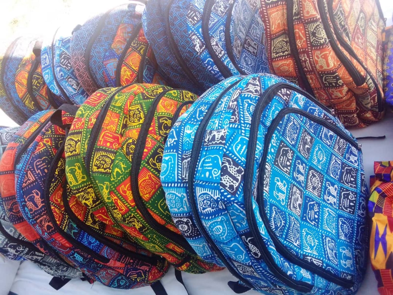 Zimbabwean patterned textile bags by KD Poratoe